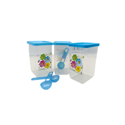 Juego de 3 Recipientes Chicos Cuadrados de Plástico 300 ml con Tapa y Cuchara Flores Tab and Kit