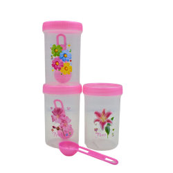 Juego de 3 Recipientes Chicos Redondos de Plástico 150 ml con Tapa y Cuchara Flores Tab and Kit