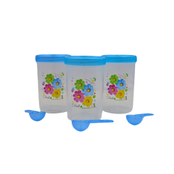 Juego de 3 Recipientes Chicos Redondos de Plástico 250 ml con Tapa y Cuchara Flores Tab and Kit